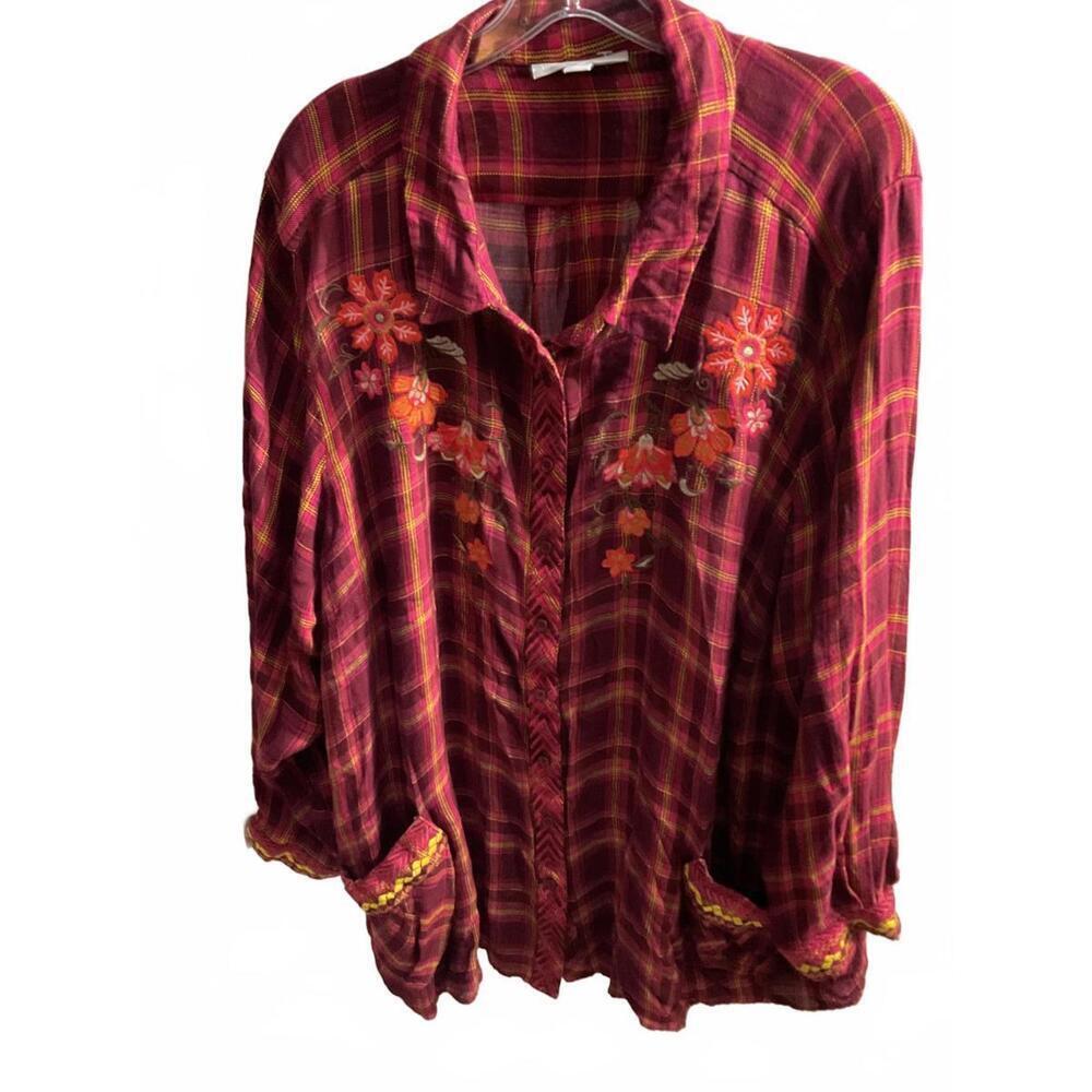 Woman Within Boho Fall Autumn Red Plaid Embroidered Button-Up Shirt 3X
